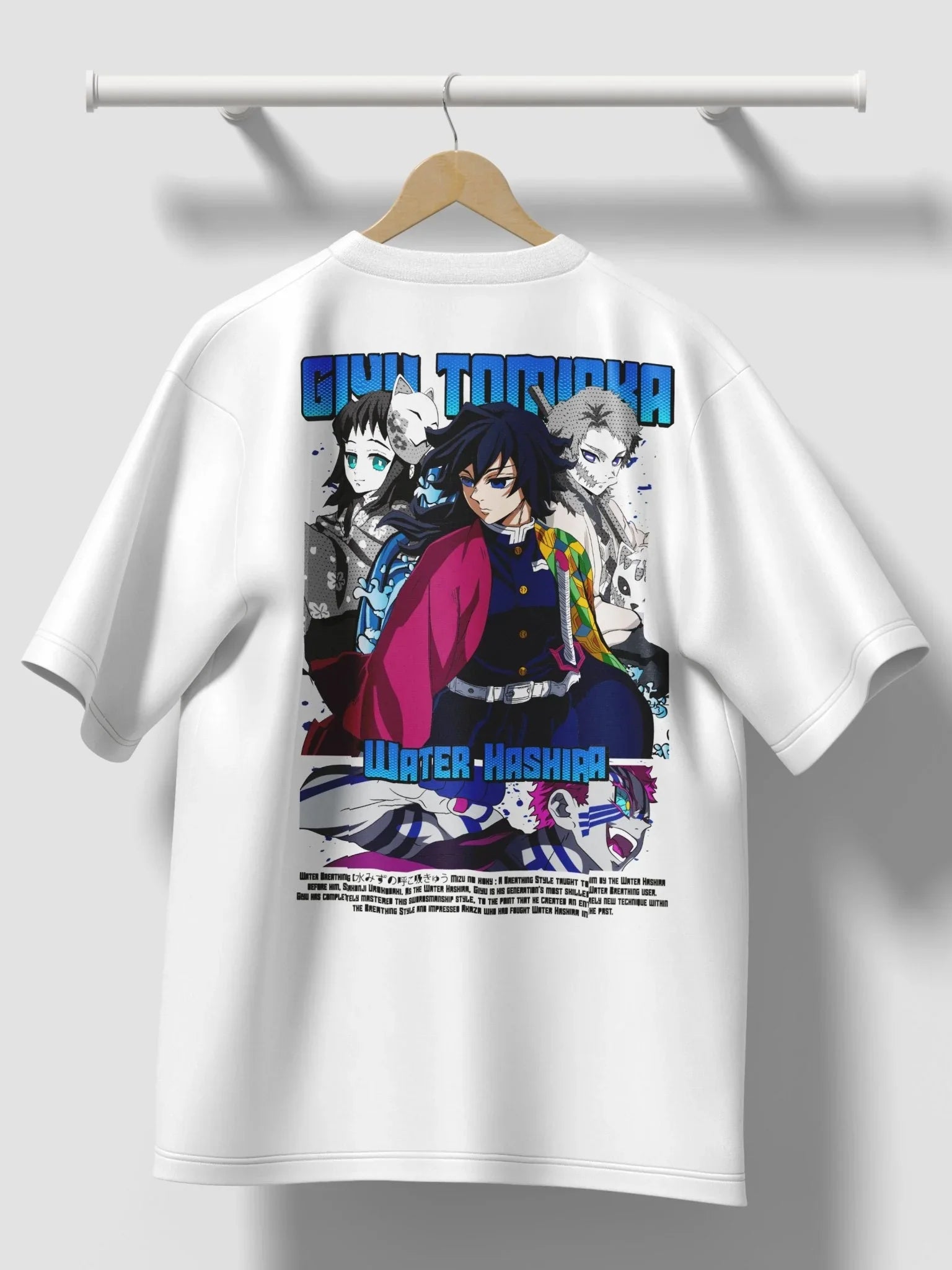 Maglietta bianca con stampa Giyu Tomioka Water Hashira, personaggi anime Demon Slayer.