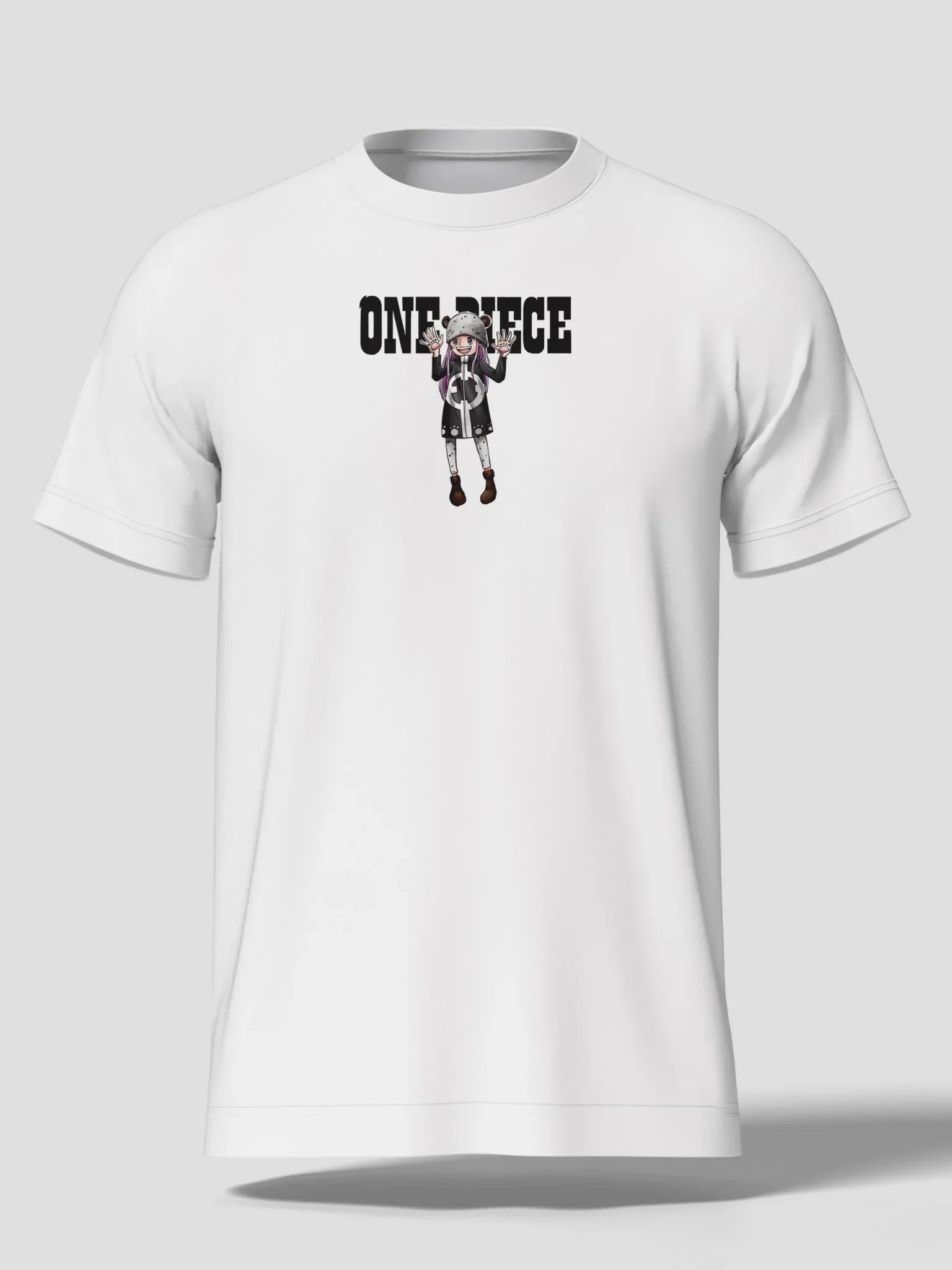 T-shirt bianca con stampa personaggio anime e scritta One Piece, stile streetwear.