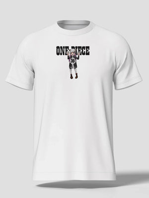 T-shirt bianca con stampa personaggio anime e scritta One Piece, stile streetwear.