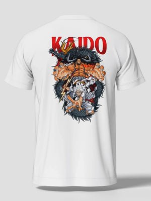 Maglietta bianca con stampa anime Kaido vs Luffy Gear 5 in battaglia, ispirata a One Piece.