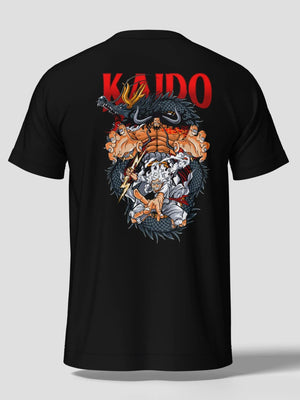 Maglietta nera con stampa anime Kaido contro Luffy Gear 5, ispirata a One Piece, retro.