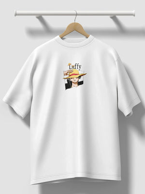 Maglietta bianca con stampa Luffy di One Piece, cappello di paglia, stile anime.