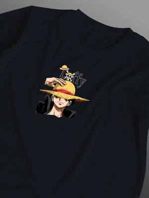 Maglietta nera con stampa anime di Luffy One Piece e cappello di paglia, stile dark.