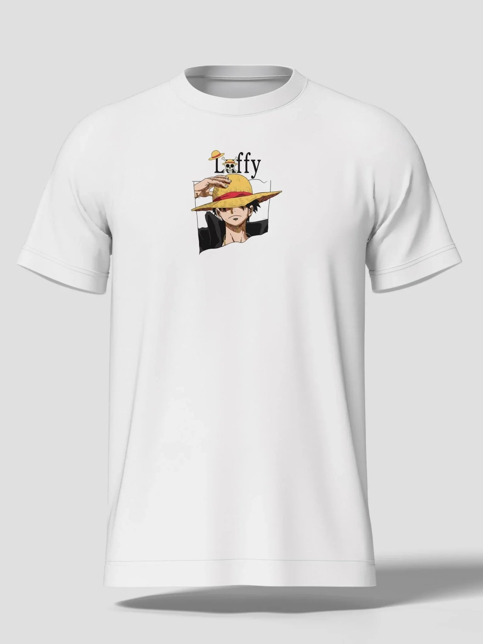 Maglietta bianca con stampa di Luffy One Piece, cappello di paglia, stile anime giapponese.