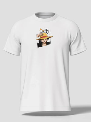 Maglietta bianca con stampa di Luffy One Piece, cappello di paglia, stile anime giapponese.