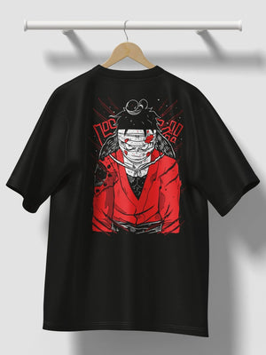 Maglietta nera con stampa anime Luffy One Piece, design rosso e bianco stile pirata
