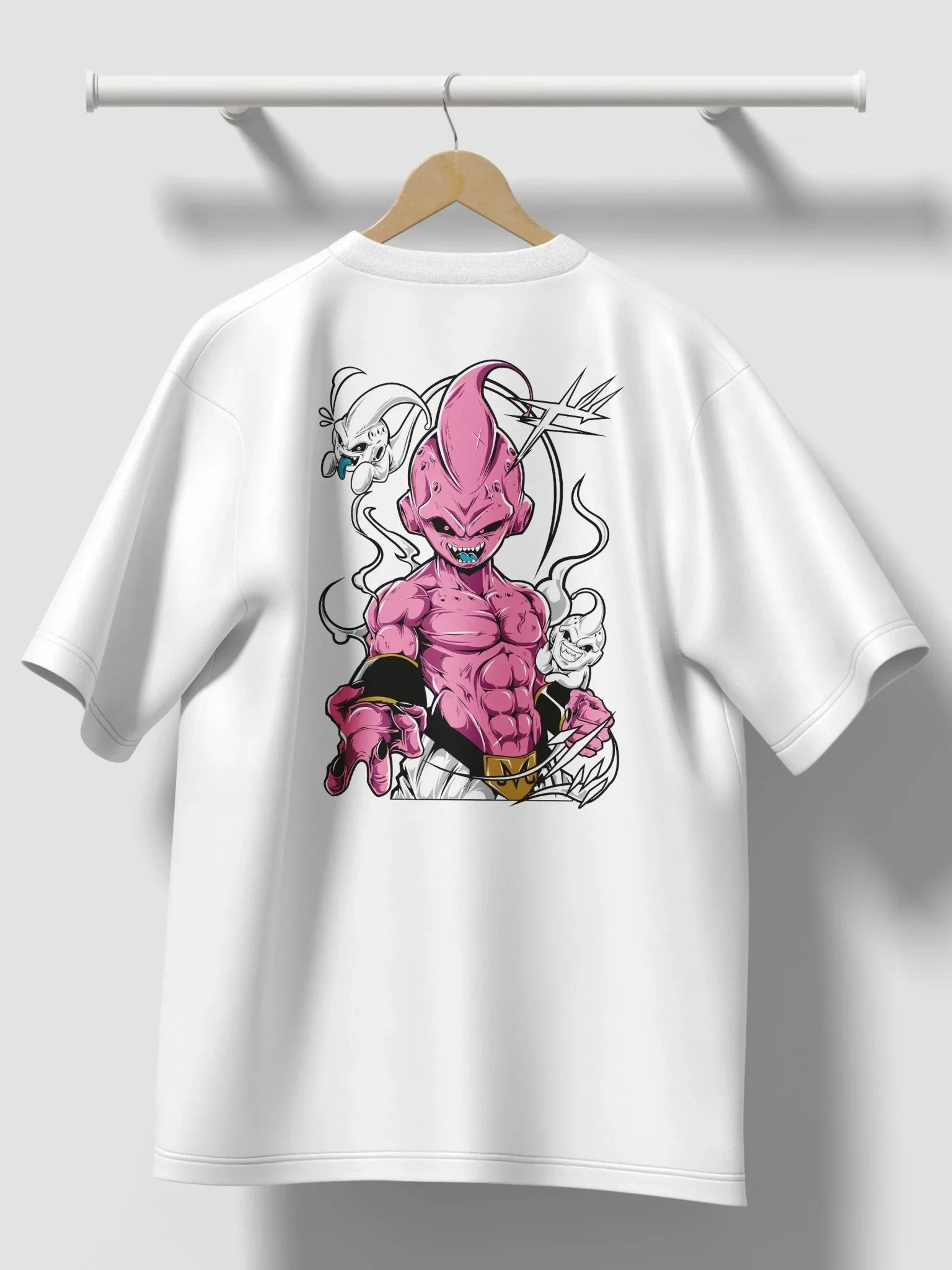 Maglietta bianca anime con stampa Majin Buu muscoloso da Dragon Ball in stile streetwear