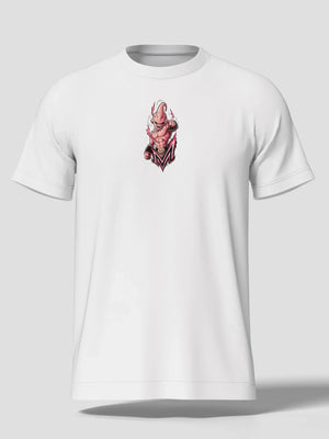 Maglietta bianca anime con stampa Majin Buu rosa stile streetwear, ispirata a Dragon Ball.