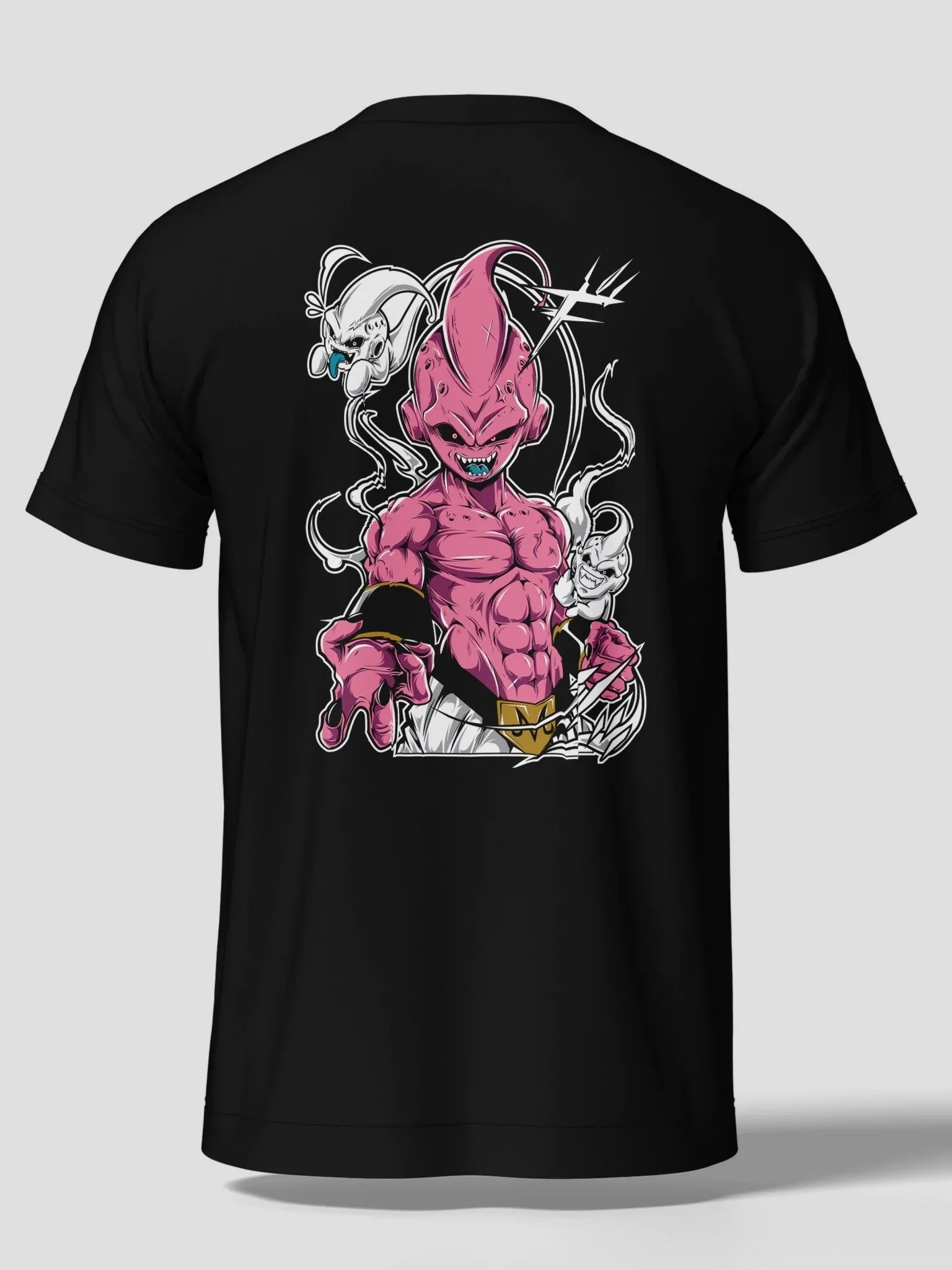 Maglietta nera streetwear anime con stampa Majin Buu muscoloso di Dragon Ball Z sul retro.