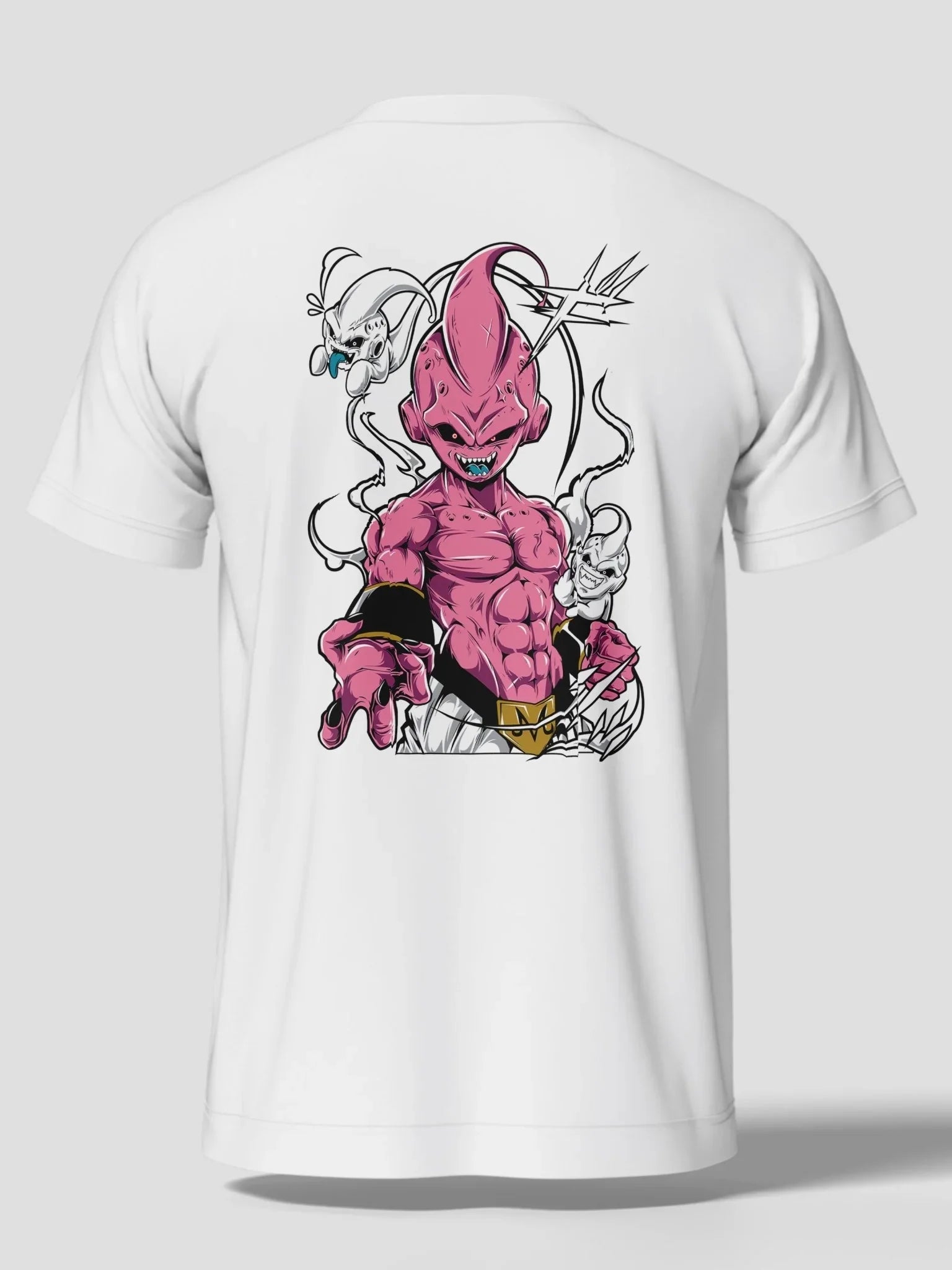 Maglietta bianca con stampa Majin Buu di Dragon Ball, stile anime streetwear.