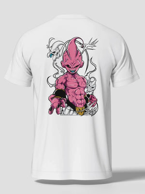 Maglietta bianca con stampa Majin Buu di Dragon Ball, stile anime streetwear.