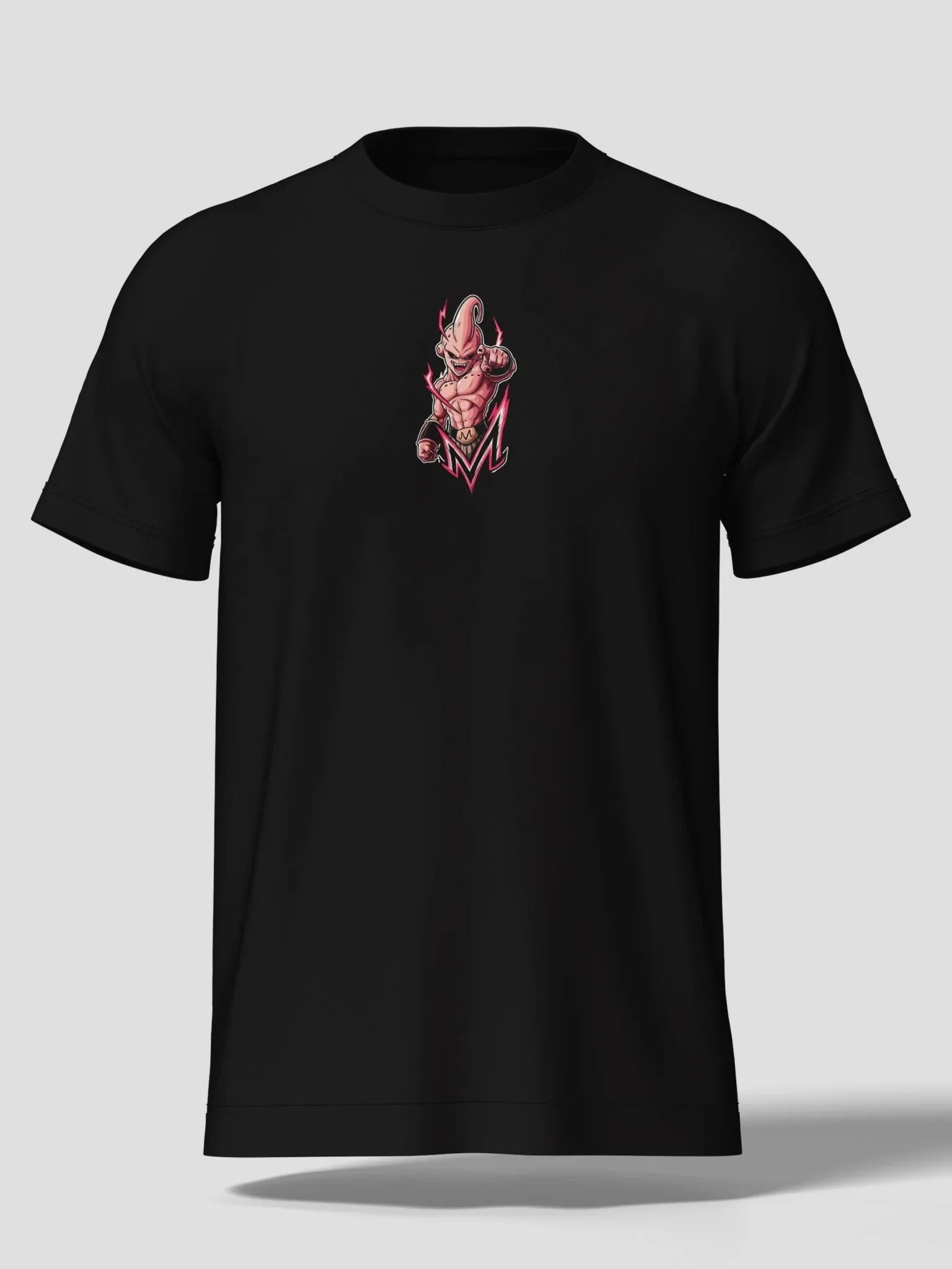 Maglietta nera anime con Majin Buu di Dragon Ball e dettagli streetwear rosa sul petto.