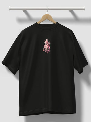 Maglietta nera anime con stampa Majin Buu rosa di Dragon Ball, stile streetwear.