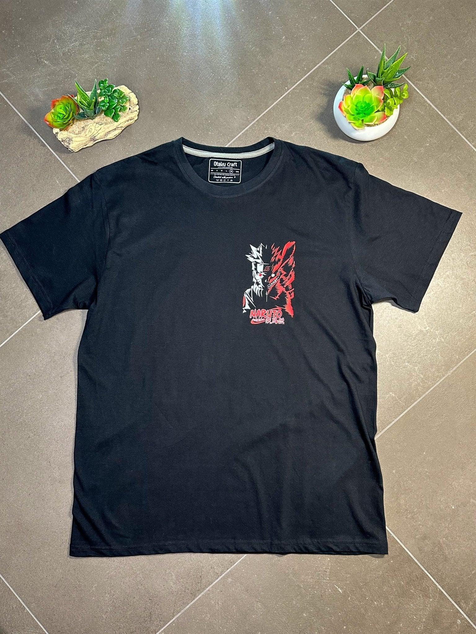 Maglietta nera Naruto Kurama, stampa rossa e bianca, stile anime, edizione limitata.