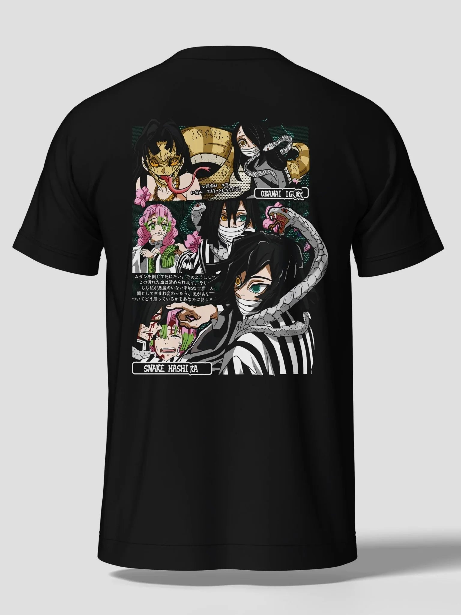 Maglietta nera anime con stampa di Obanai Iguro e Mitsuri Kanroji da Demon Slayer, stile manga.