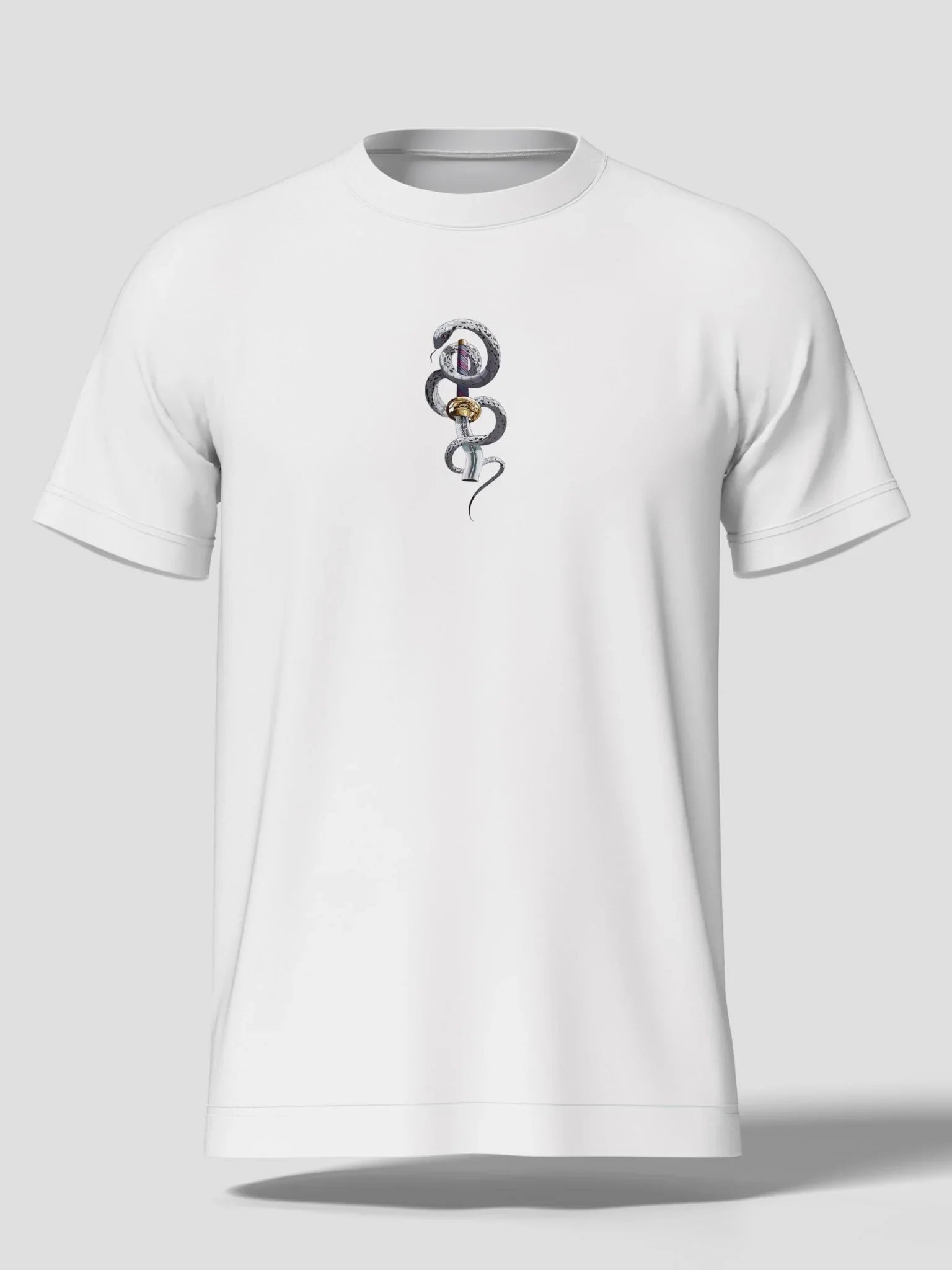 Maglietta bianca con stampa anime Obanai Iguro e serpente, stile Demon Slayer.