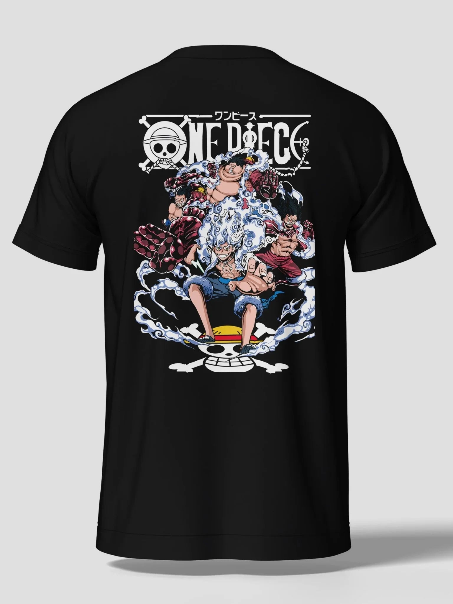Maglietta nera con design epico di Luffy Gear 5 da One Piece stampato sul retro