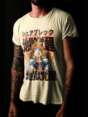 Maglietta beige con stampa anime giapponese, personaggio arrabbiato e fiamme, 100% cotone.