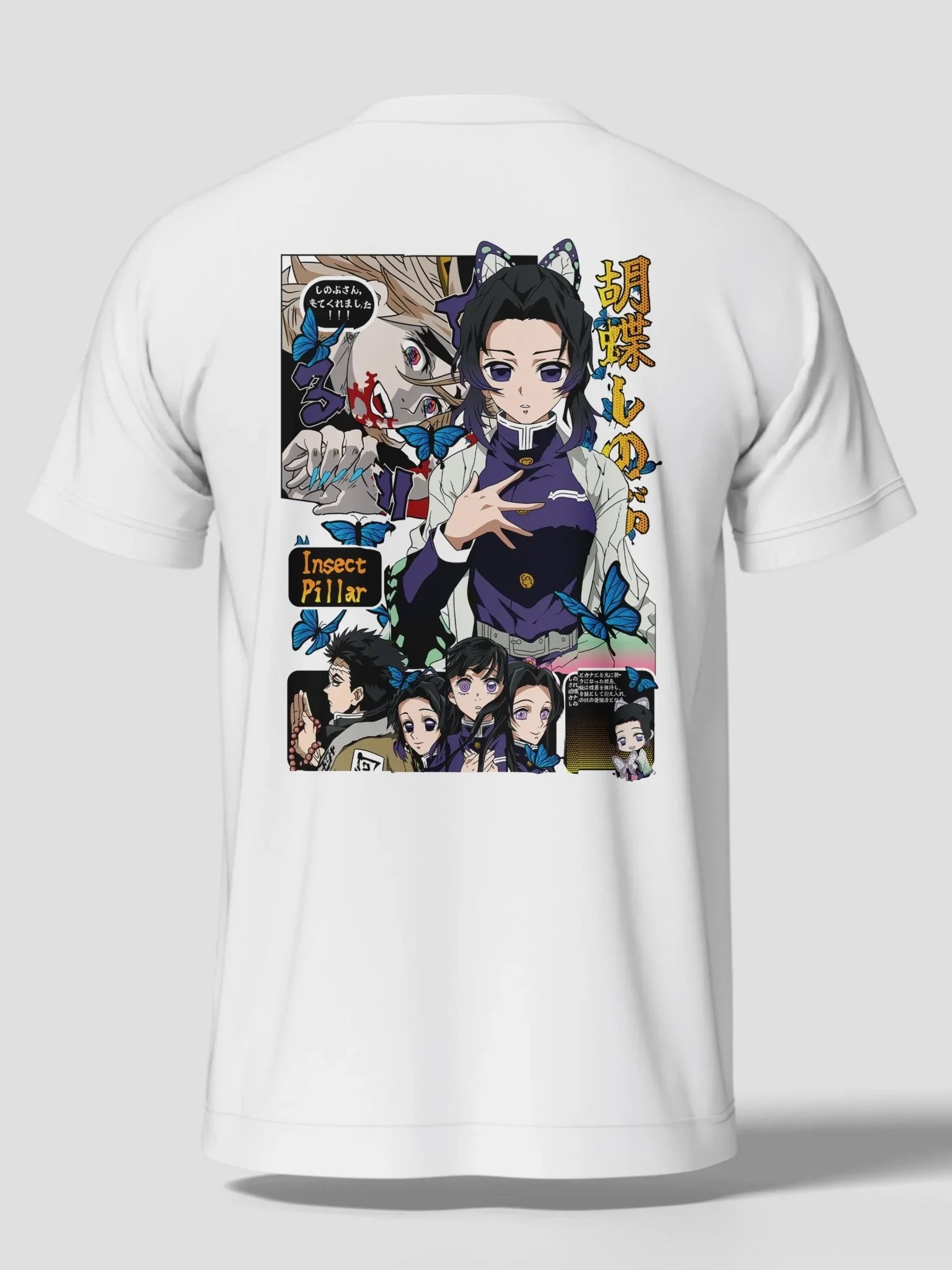 Maglietta bianca con stampa anime di Shinobu Kocho di Demon Slayer, farfalle blu e personaggi.