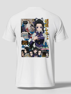Maglietta bianca con stampa anime di Shinobu Kocho di Demon Slayer, farfalle blu e personaggi.