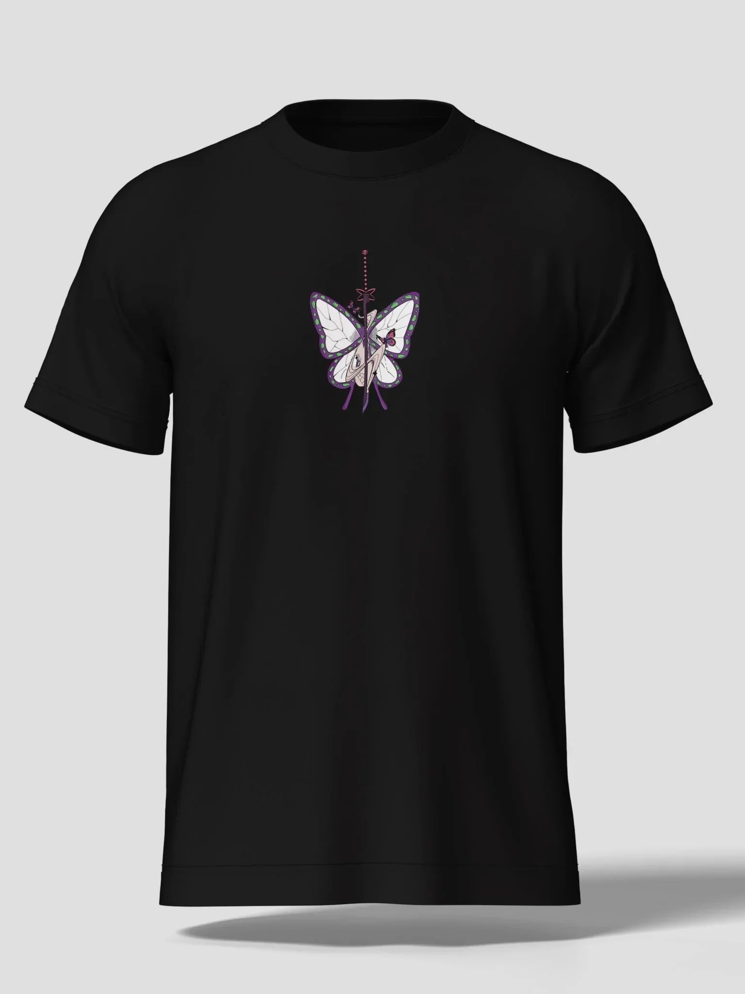T-shirt nera con ricamo farfalla e katana ispirata a Shinobu Kocho Demon Slayer anime