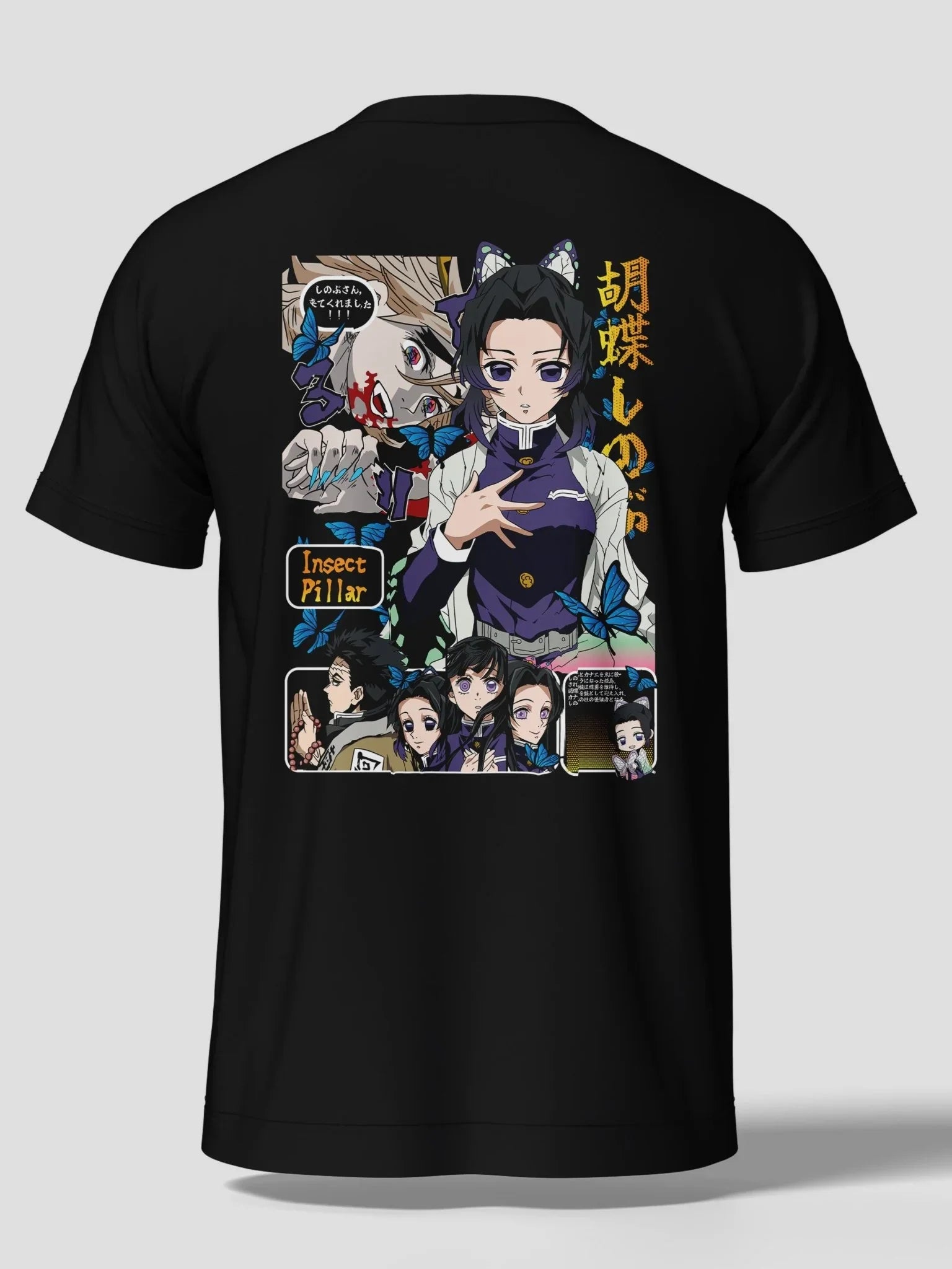 Maglietta nera con stampa anime di Shinobu Kocho, personaggio Demon Slayer, farfalle blu.