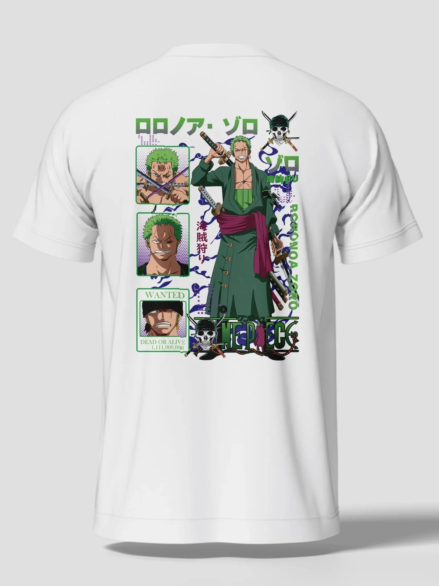 Maglietta bianca con stampa anime Roronoa Zoro One Piece, design samurai e dettagli colorati.