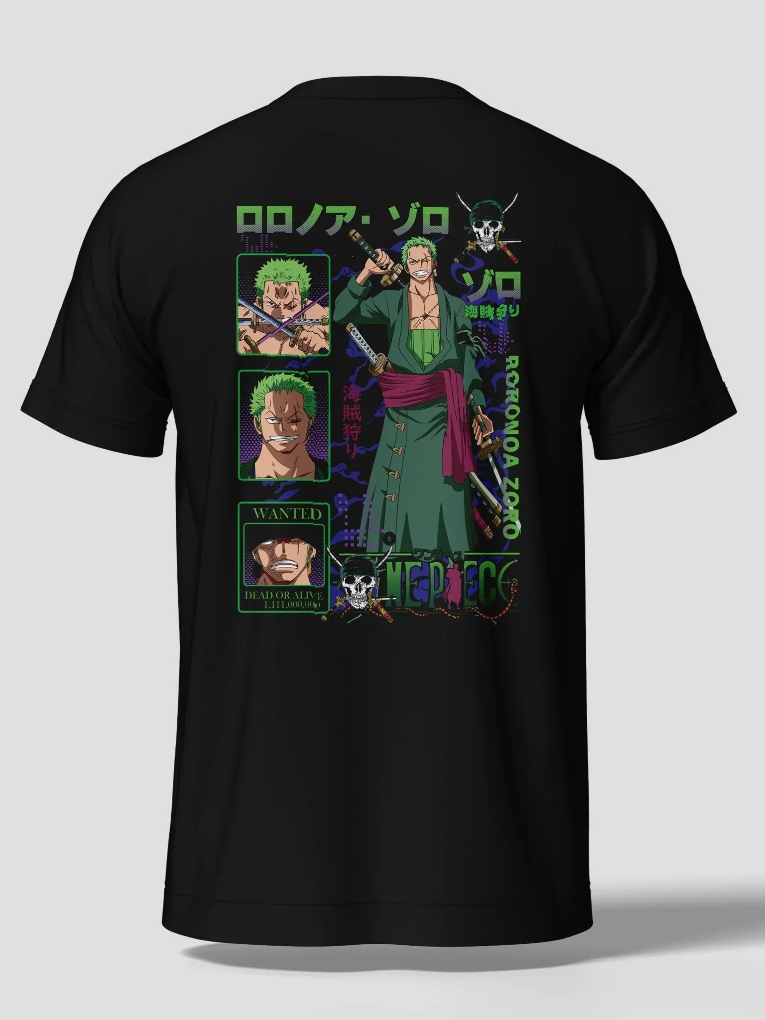 Maglietta nera con stampe colorate di Zoro samurai da One Piece, dettagli anime e katana.