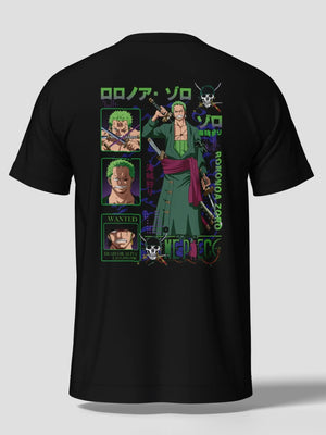 Maglietta nera con stampe colorate di Zoro samurai da One Piece, dettagli anime e katana.