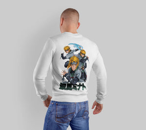 Felpa bianca con stampa anime di Minato, stile Naruto, indossata da uomo di spalle.