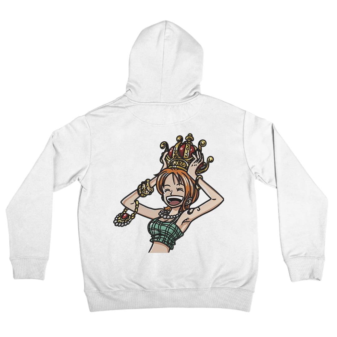 Felpa bianca con cappuccio, ricamo personaggio anime ragazza con corona e gioielli, stile One Piece.