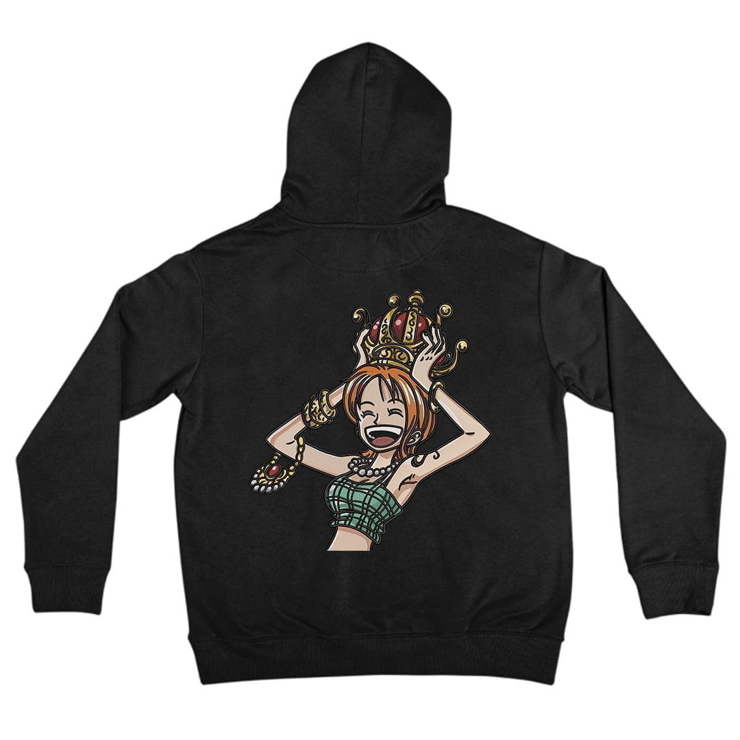 Felpa nera con cappuccio, ricamo Nami One Piece sul retro, stile anime giapponese.