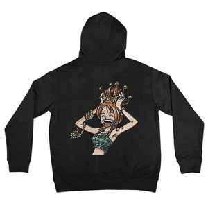 Felpa nera con cappuccio, ricamo Nami One Piece sul retro, stile anime giapponese.