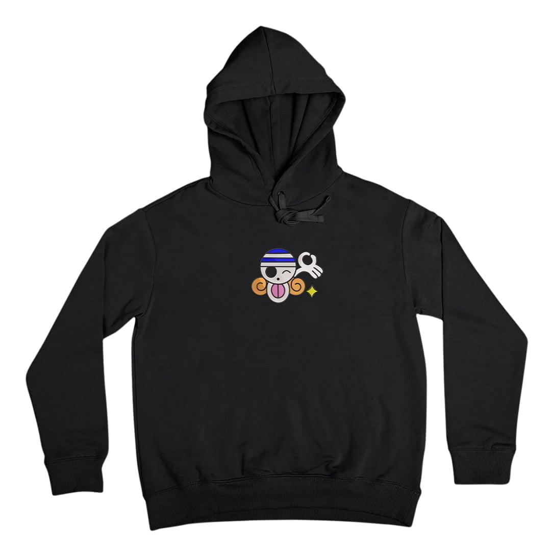 Felpa nera con cappuccio, ricamo ispirato a anime One Piece, simbolo Nami colorato sul petto.