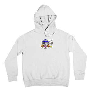 Felpa bianca con cappuccio, ricamo simbolo Nami One Piece davanti, stile anime.