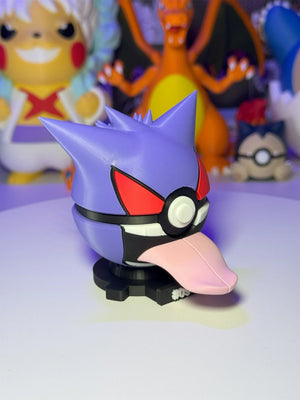 Pokeball ispirata a Gengar con base magnetica numerata, decorazione anime, sfondo figure Pokémon.