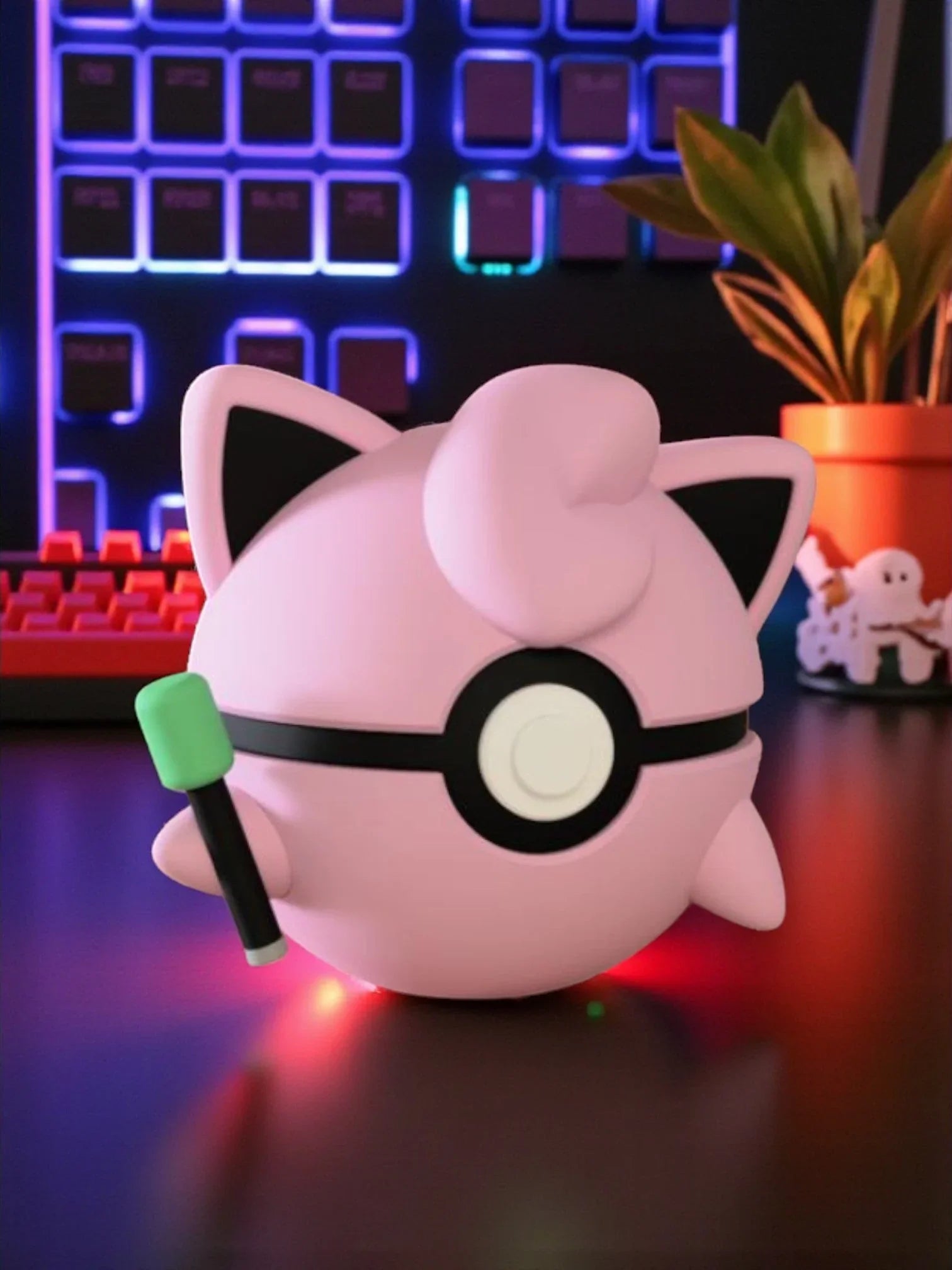 Pokéball Jigglypuff rosa con microfono, base magnetica, su scrivania gamer