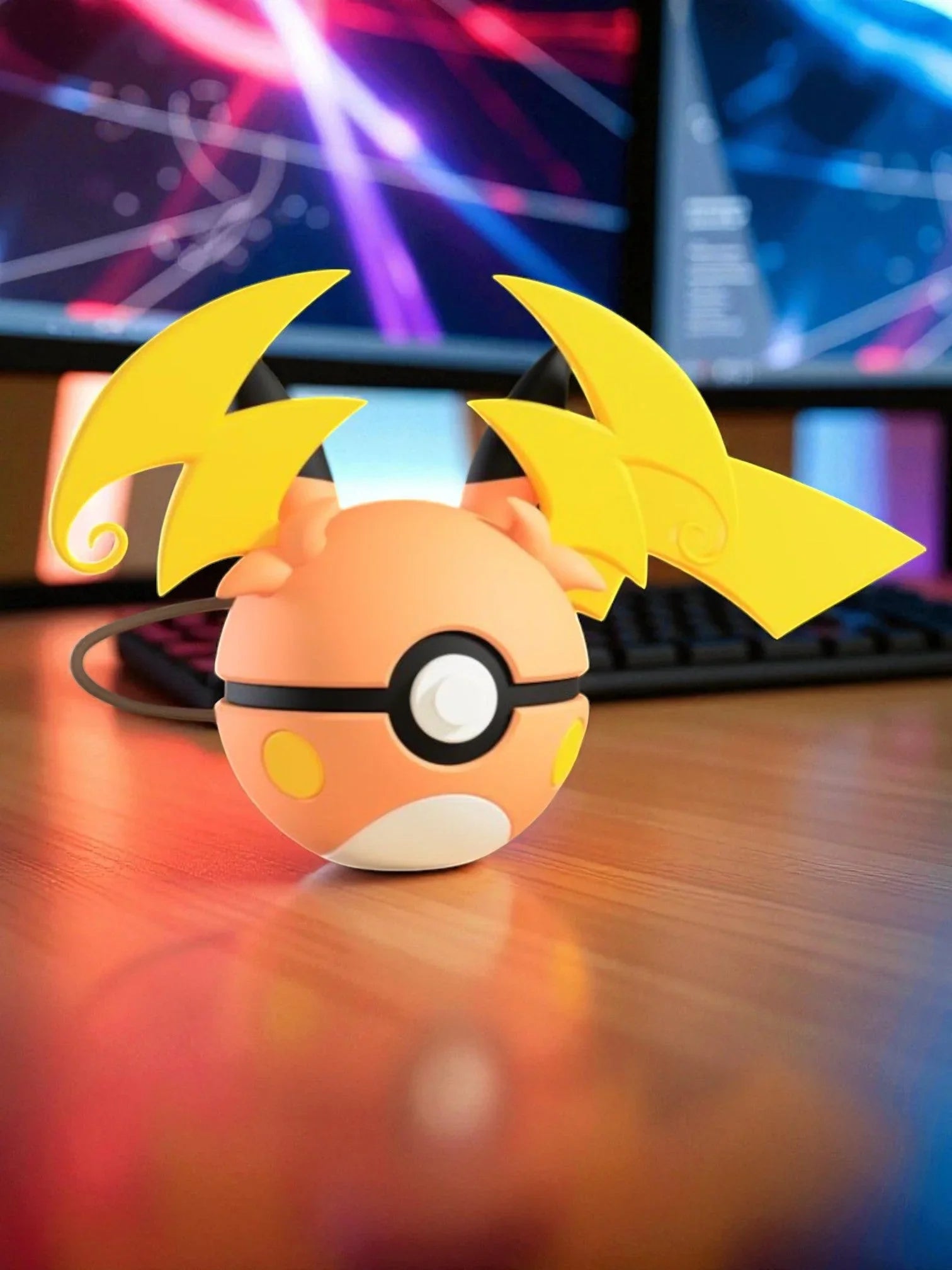 Pokeball personalizzata a tema Raichu su scrivania, con schermi da gaming sullo sfondo