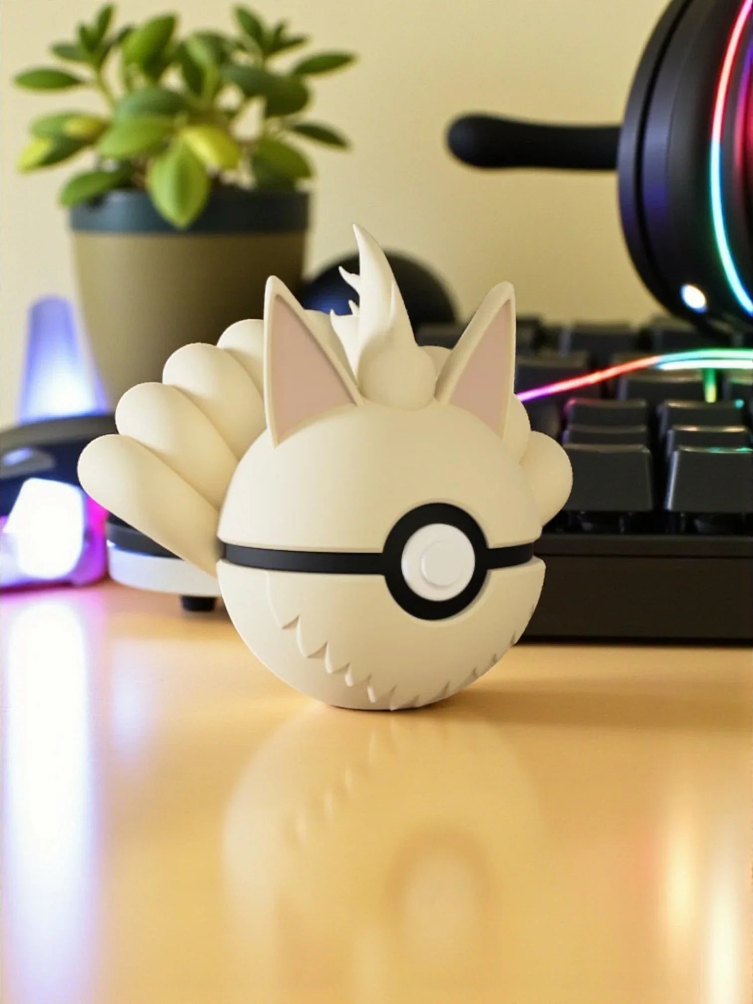 Pokeball personalizzata ispirata a Ninetales, figura anime su scrivania gaming con tastiera RGB.