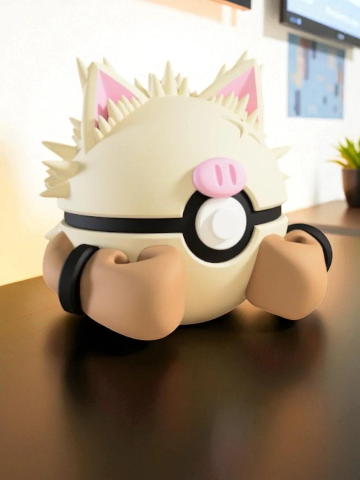 Figura decorativa Pokeball Primeape in stile anime su tavolo, design kawaii, colori vivaci