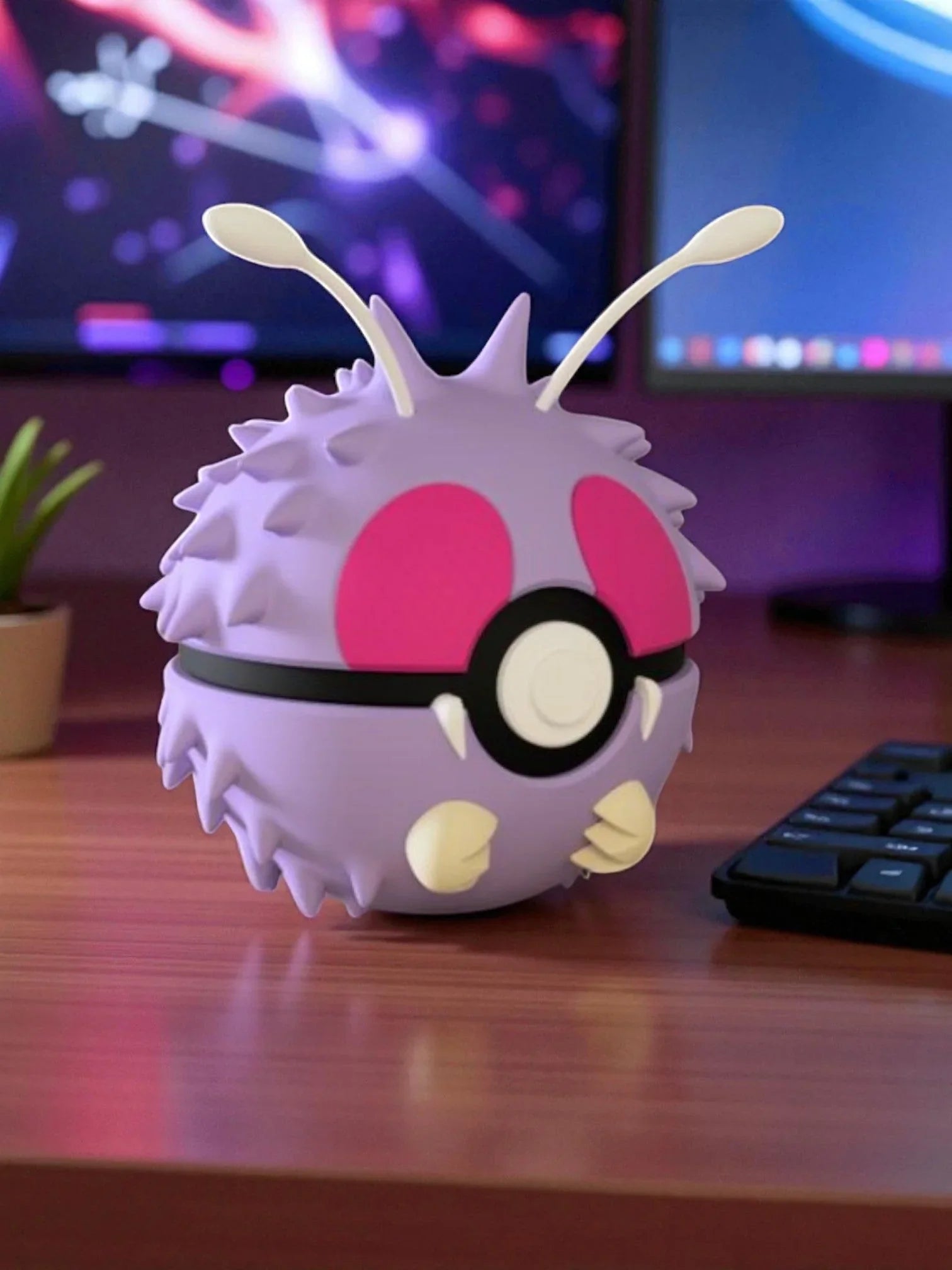 Pokeball Venonat lilla con base magnetica su scrivania, accessorio anime collezionabile