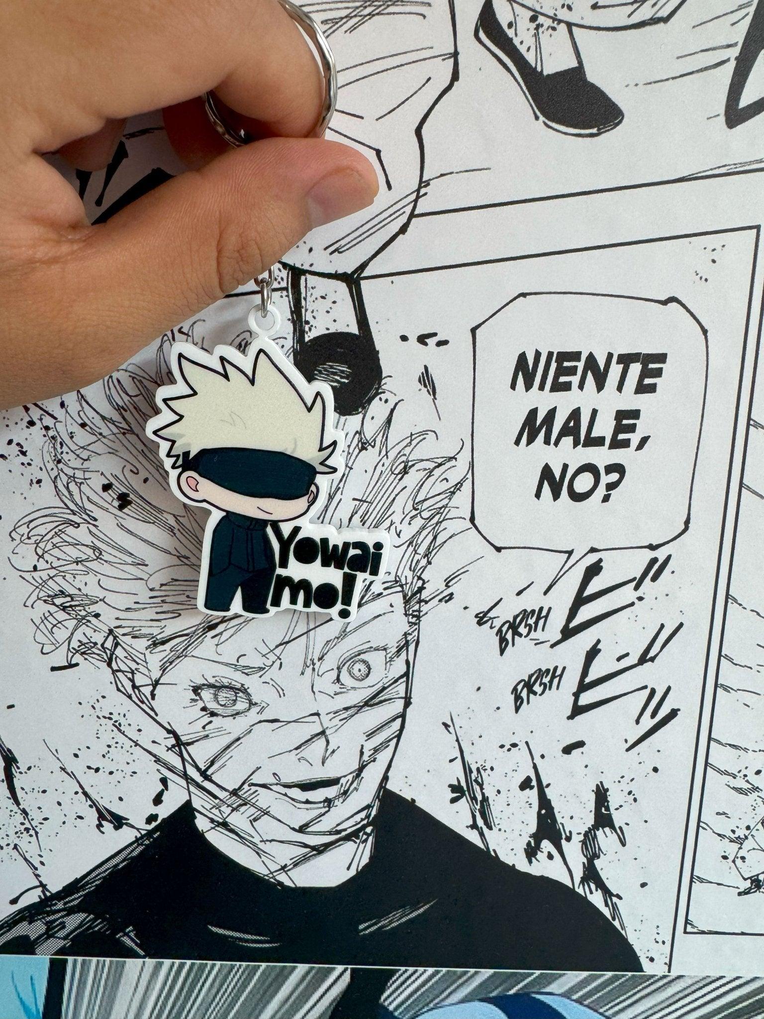 Portachiavi anime Satoru Gojo Jujutsu Kaisen su manga bianco e nero, scritta Yowai Mo!