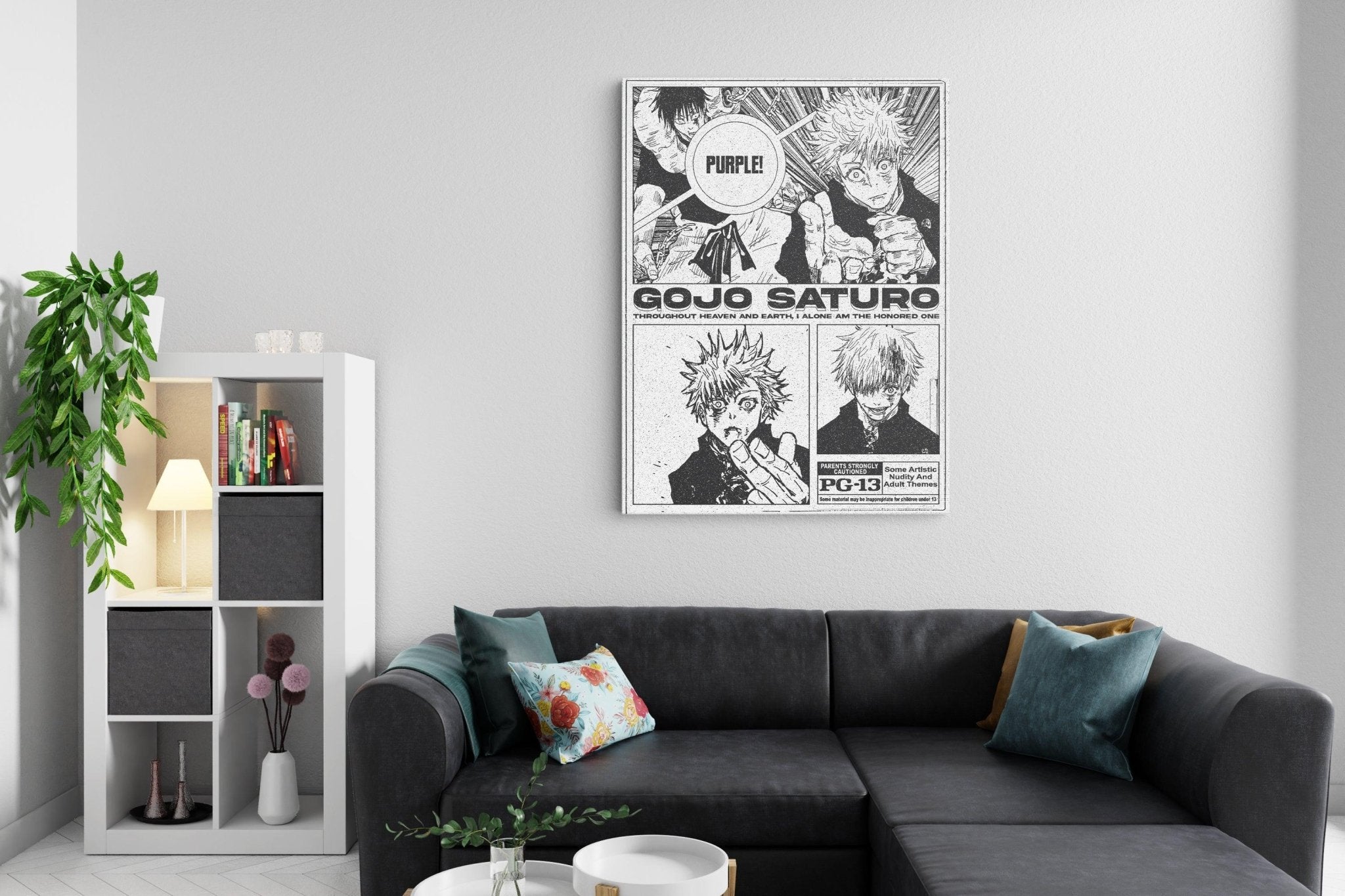 Quadro canvas Gojo Satoru Jujutsu Kaisen in stile manga appeso in un salotto moderno.
