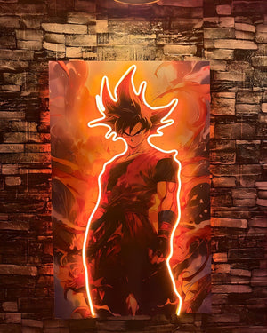 Quadro anime con personaggio stile manga e bordo neon flessibile su parete in mattoni