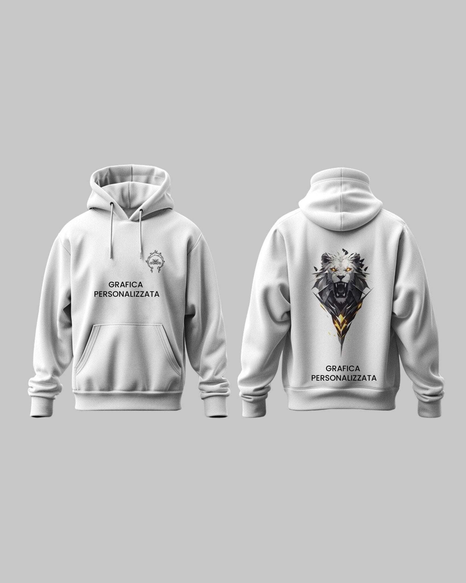 Felpa bianca personalizzata con logo grafico e testo 'Grafica personalizzata', vista fronte e retro.