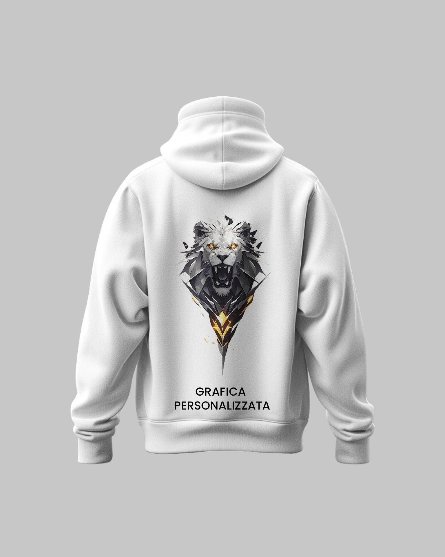 Felpa bianca con grafica personalizzata di leone stilizzato e scritta 'Grafica Personalizzata'.