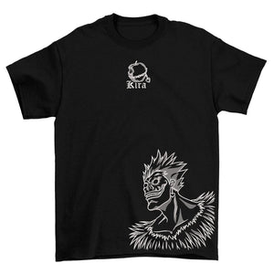 T-shirt nera con ricamo Ryuk shinigami anime e scritta Kira stile Death Note