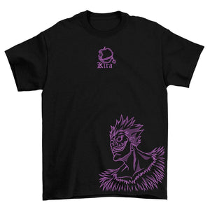 T-shirt nera anime ricamata, disegno viola personaggio shinigami e scritta Kira.