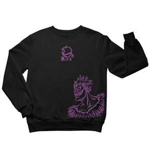 Felpa nera ricamata con Ryuk di Death Note e teschio Kira viola, stile anime giapponese.