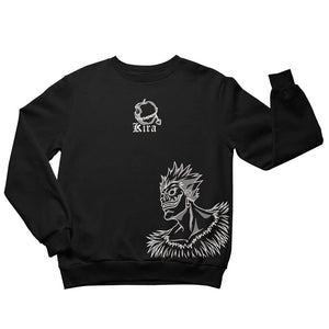 Felpa nera anime ricamata con Ryuk di Death Note e scritta Kira, stile giapponese.